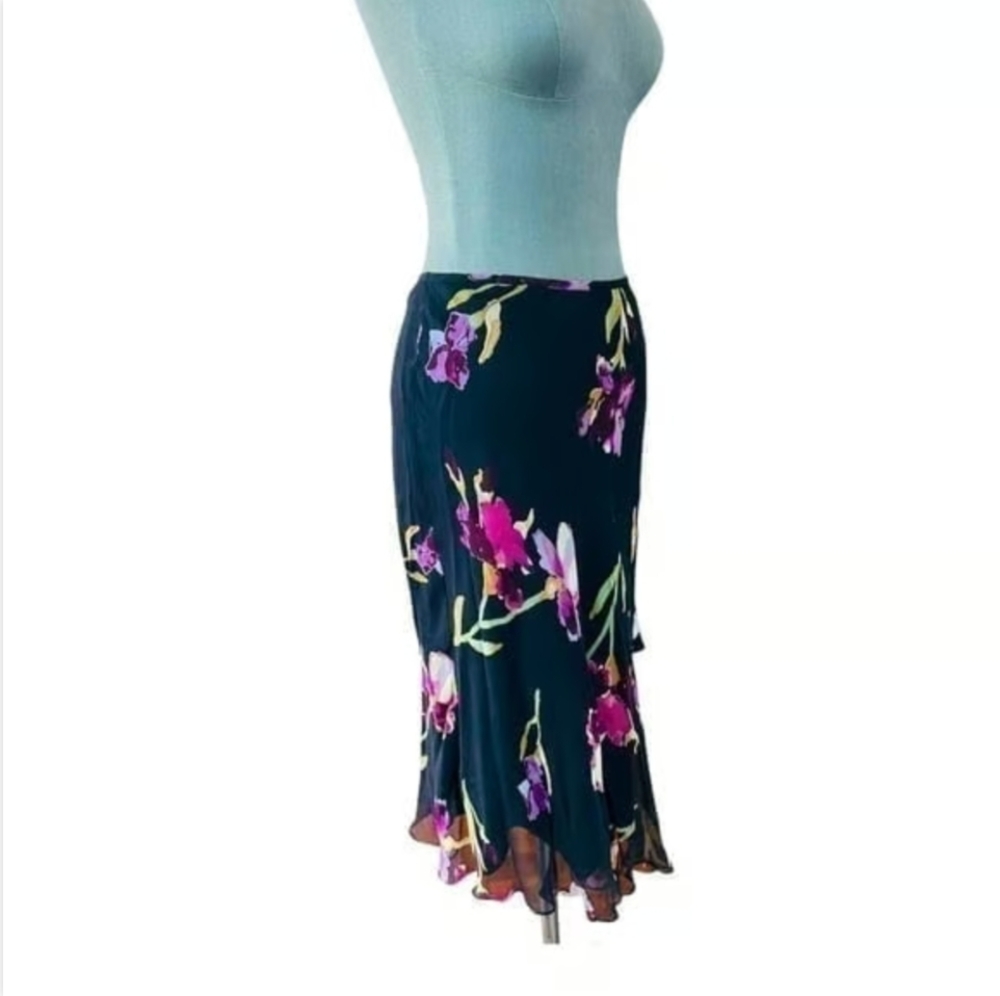 TESS Iris Floral Silk Skirt S 10 Black Multicolor Sheer Midi Skirt Lightweight - Picture 3 of 6